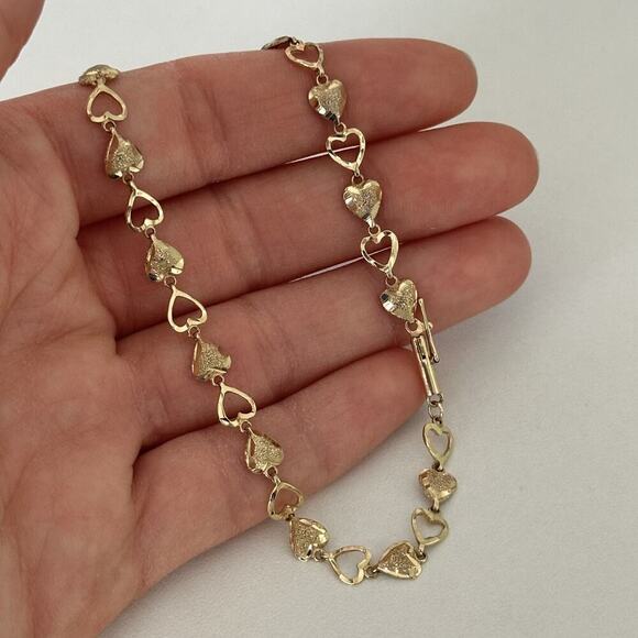 Vintage 14K Yellow Gold Open Heart Diamond Cut Chain Link Bracelet - Picture 7 of 10